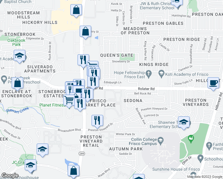 map of restaurants, bars, coffee shops, grocery stores, and more near 9427 Rolater Road in Frisco