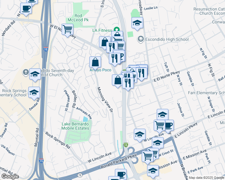map of restaurants, bars, coffee shops, grocery stores, and more near 1325 Las Villas Way in Escondido