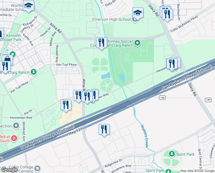 map of restaurants, bars, coffee shops, grocery stores, and more near 6151 Alma Road in McKinney