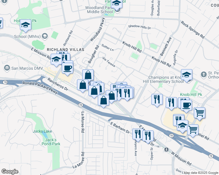map of restaurants, bars, coffee shops, grocery stores, and more near 143 Cerco Rosado in San Marcos