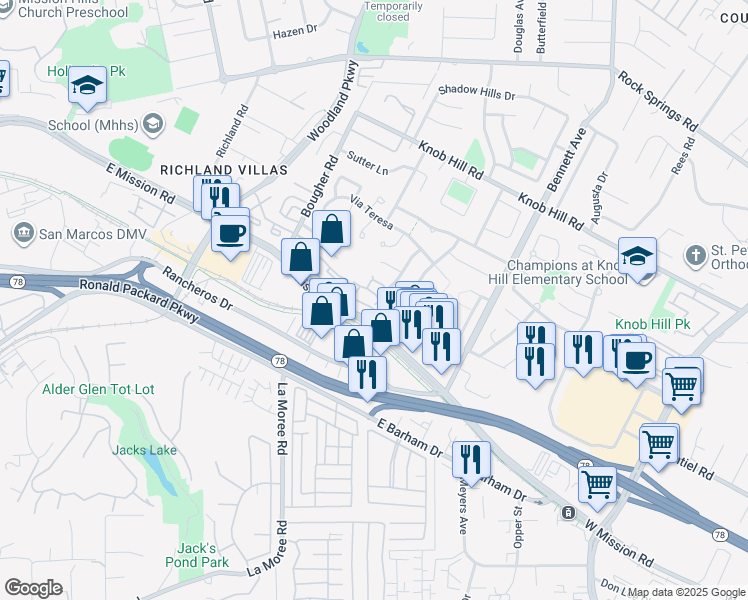 map of restaurants, bars, coffee shops, grocery stores, and more near 143 Cerco Rosado in San Marcos