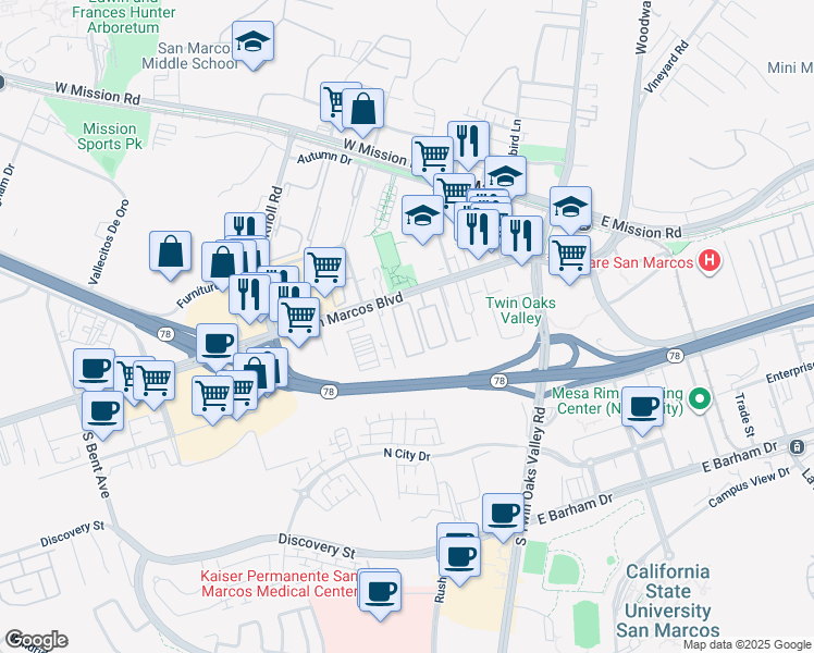 map of restaurants, bars, coffee shops, grocery stores, and more near 353 West San Marcos Boulevard in San Marcos