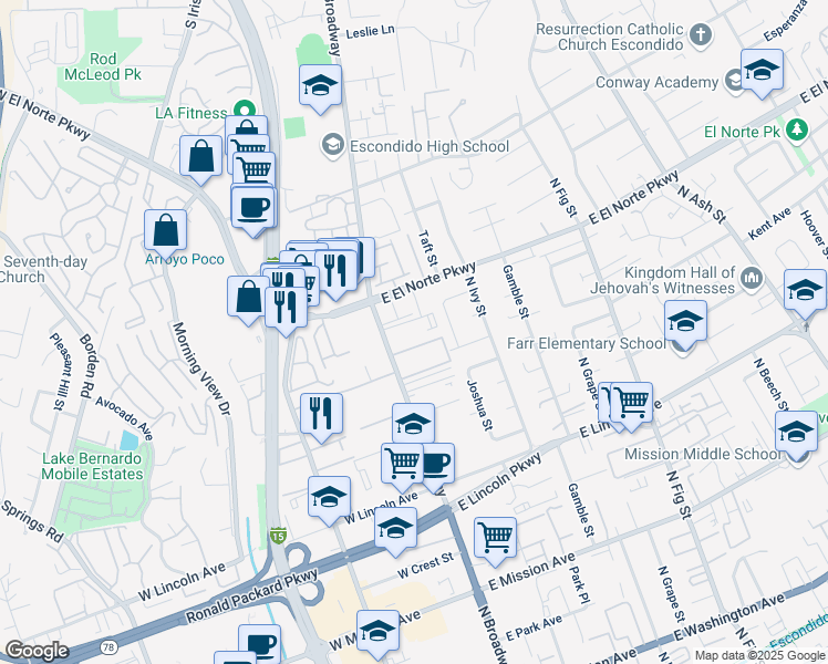 map of restaurants, bars, coffee shops, grocery stores, and more near in Escondido