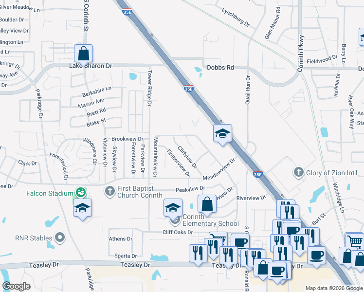 map of restaurants, bars, coffee shops, grocery stores, and more near 3214 Cliffview Drive in Corinth