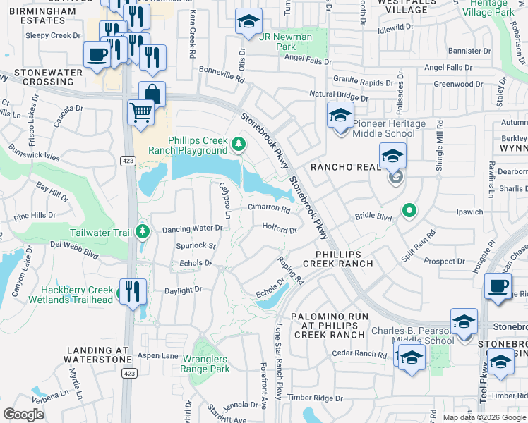 map of restaurants, bars, coffee shops, grocery stores, and more near 1050 Cimarron Road in Frisco