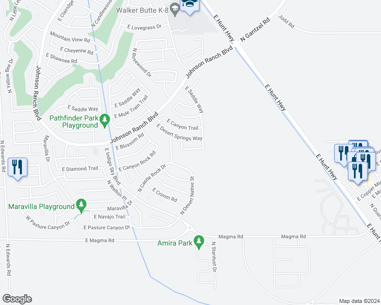 map of restaurants, bars, coffee shops, grocery stores, and more near 1203 East Daisy Way in Queen Creek