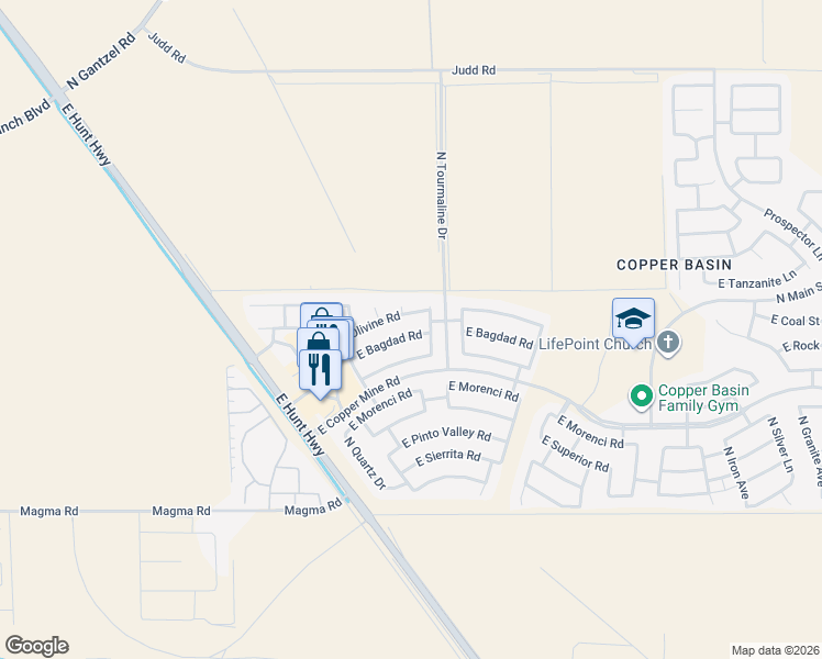 map of restaurants, bars, coffee shops, grocery stores, and more near 2850 East Bagdad Road in Queen Creek