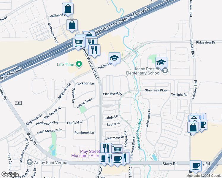 map of restaurants, bars, coffee shops, grocery stores, and more near 2353 Hedgewood Lane in Allen