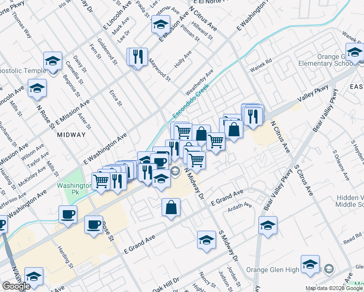 map of restaurants, bars, coffee shops, grocery stores, and more near in Escondido