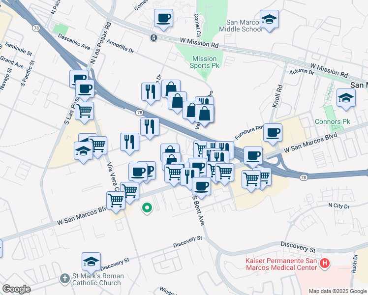 map of restaurants, bars, coffee shops, grocery stores, and more near 145 South Bent Avenue in San Marcos