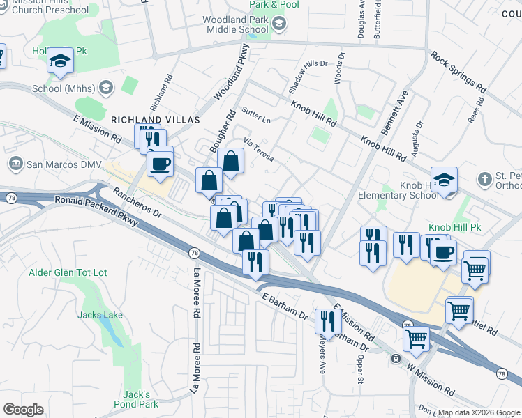 map of restaurants, bars, coffee shops, grocery stores, and more near 141 Cerco Rosado in San Marcos