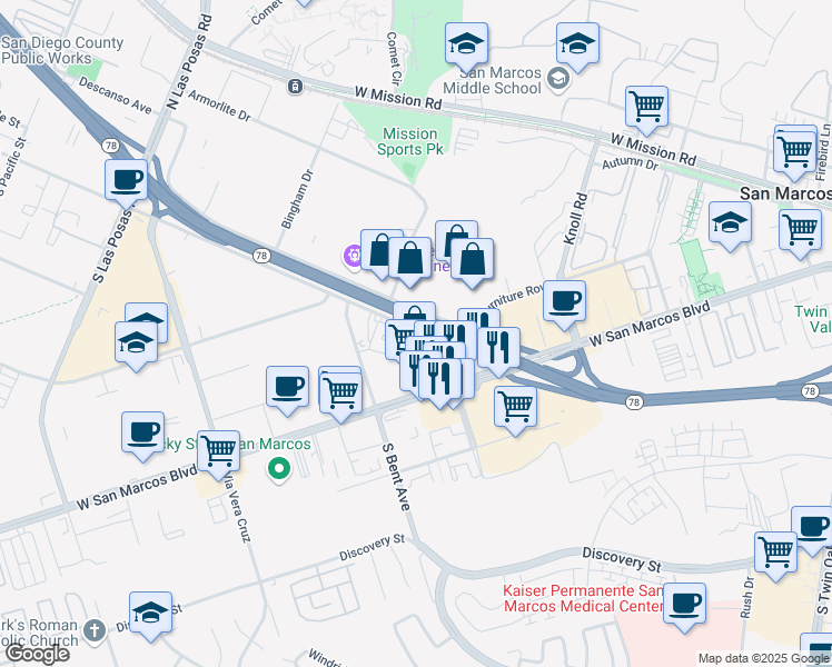 map of restaurants, bars, coffee shops, grocery stores, and more near 815 Grand Avenue in San Marcos