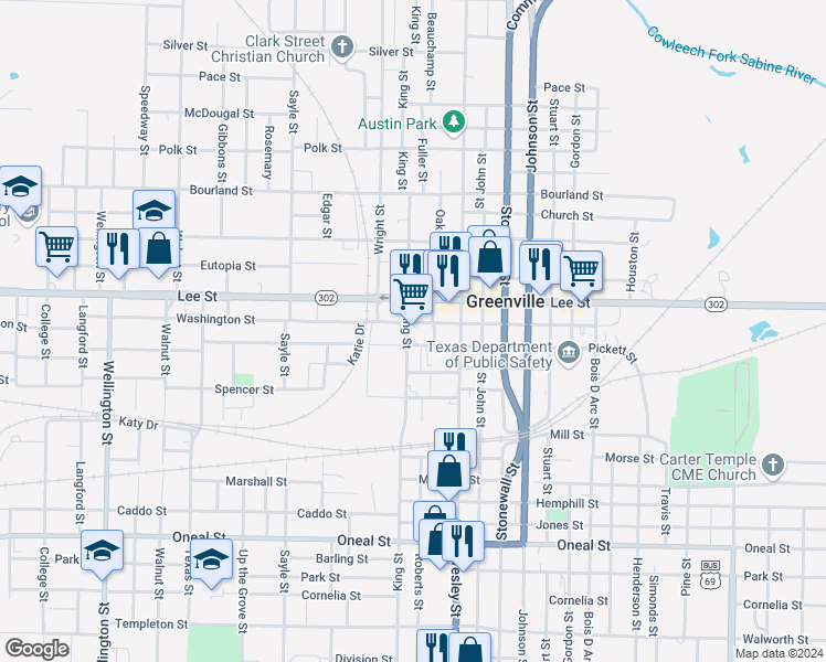 map of restaurants, bars, coffee shops, grocery stores, and more near 2601 King Street in Greenville
