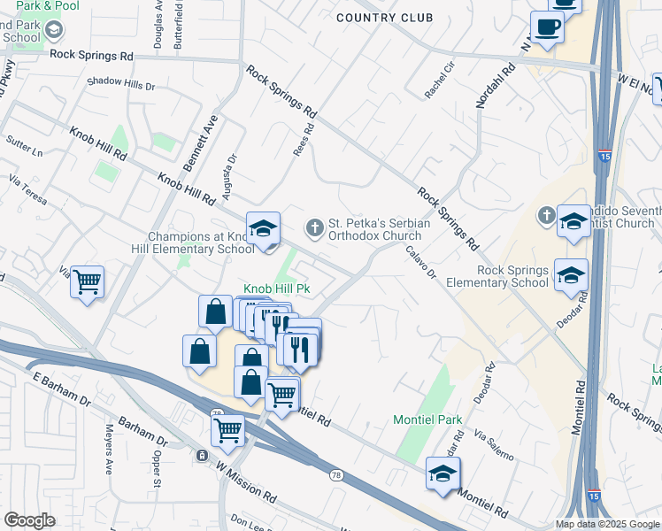 map of restaurants, bars, coffee shops, grocery stores, and more near 1825 Knob Hill Road in San Marcos
