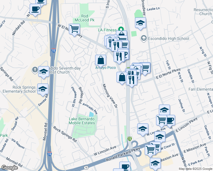 map of restaurants, bars, coffee shops, grocery stores, and more near 1322 Morning View Drive in Escondido