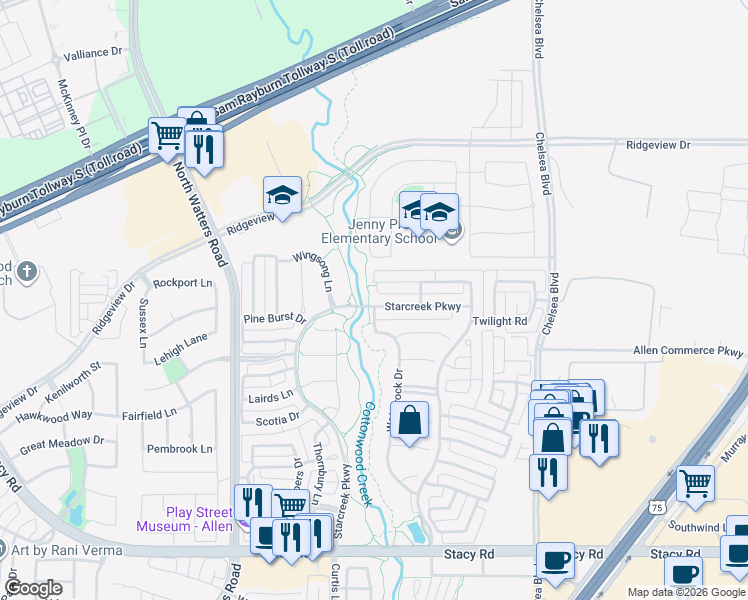 map of restaurants, bars, coffee shops, grocery stores, and more near 912 Clear Water Drive in Allen