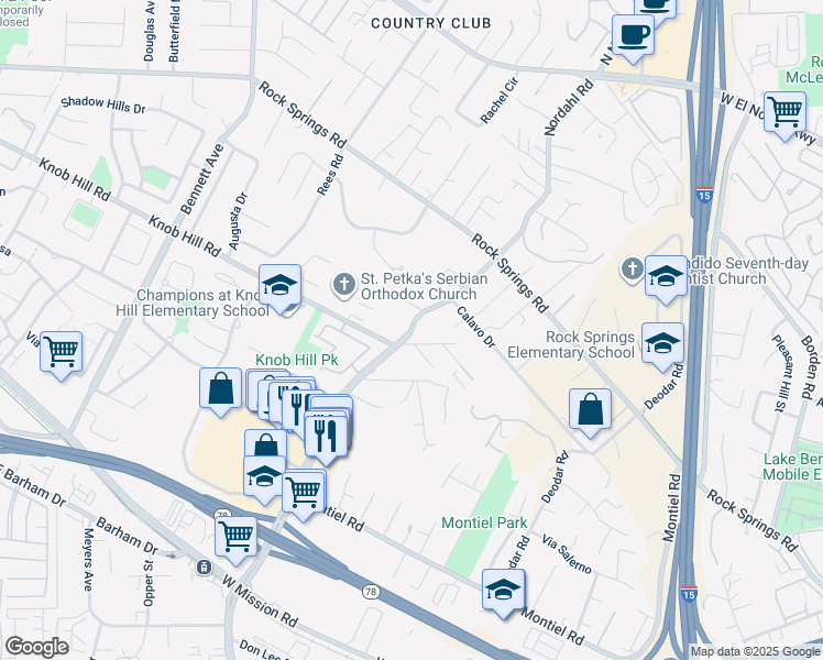 map of restaurants, bars, coffee shops, grocery stores, and more near Nordahl Road in Escondido