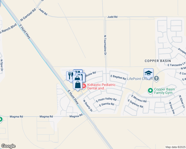 map of restaurants, bars, coffee shops, grocery stores, and more near 2765 East Olivine Road in Queen Creek
