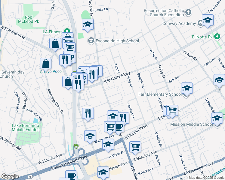 map of restaurants, bars, coffee shops, grocery stores, and more near 217 East El Norte Parkway in Escondido