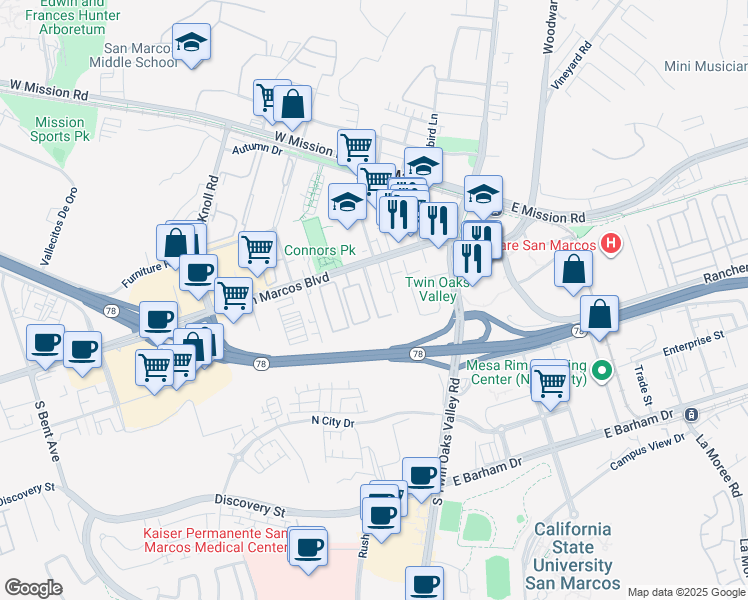 map of restaurants, bars, coffee shops, grocery stores, and more near 251 West San Marcos Boulevard in San Marcos
