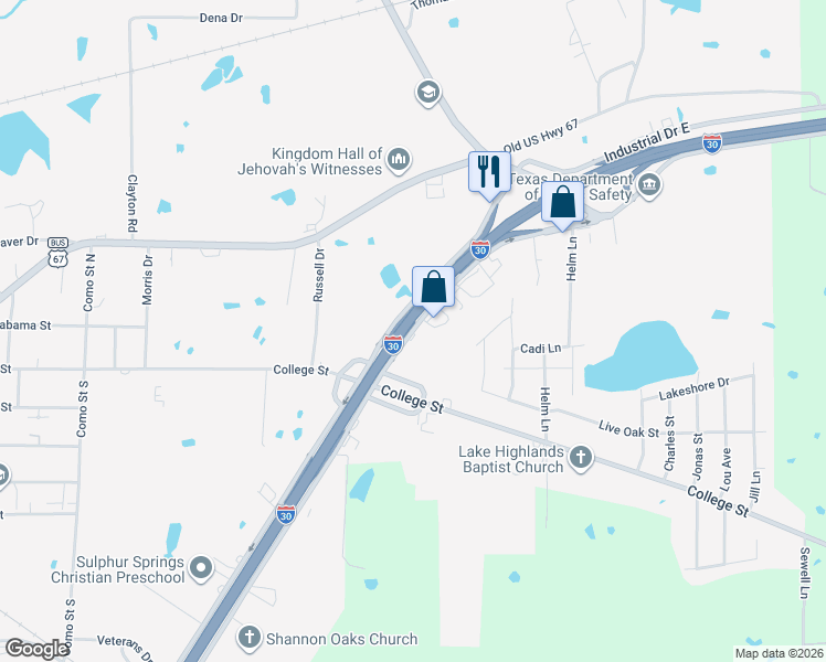 map of restaurants, bars, coffee shops, grocery stores, and more near 1401-1499 Industrial Drive East in Sulphur Springs