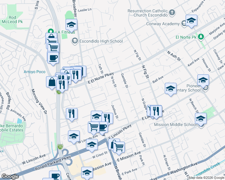 map of restaurants, bars, coffee shops, grocery stores, and more near 329 Alder Place in Escondido