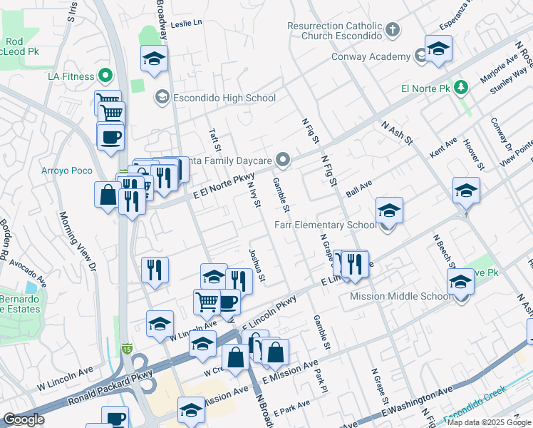 map of restaurants, bars, coffee shops, grocery stores, and more near 1220 North Ivy Street in Escondido