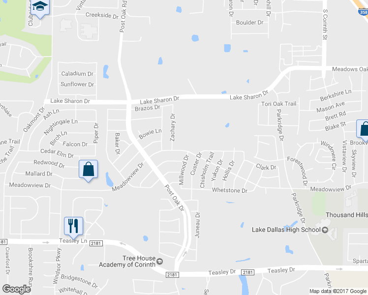 map of restaurants, bars, coffee shops, grocery stores, and more near 2520 Meadowview Drive in Corinth