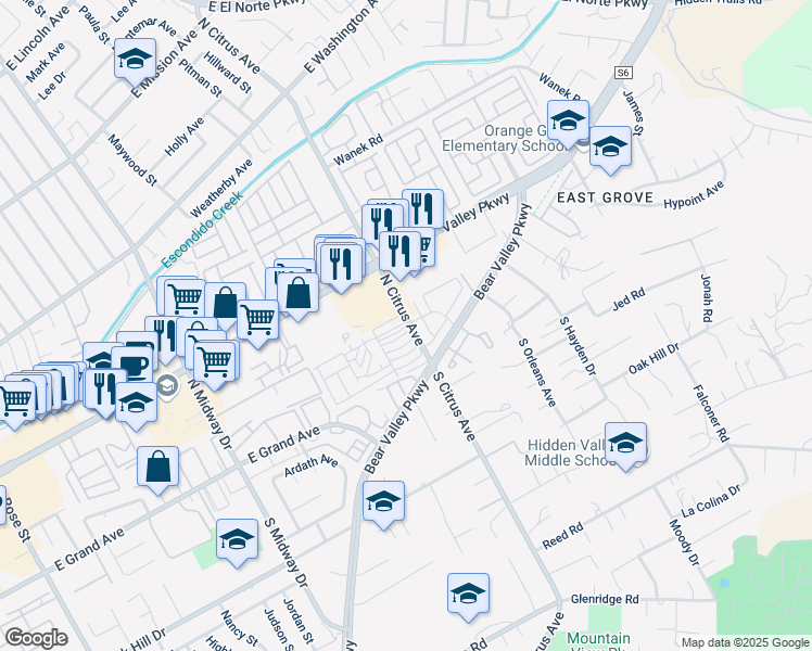 map of restaurants, bars, coffee shops, grocery stores, and more near 2347 East Valley Parkway in Escondido