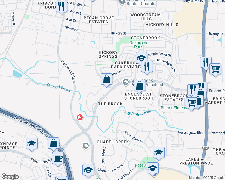 map of restaurants, bars, coffee shops, grocery stores, and more near 7569 Stonebrook Parkway in Frisco