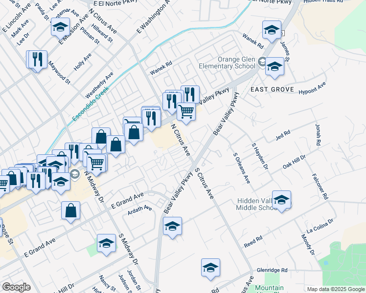 map of restaurants, bars, coffee shops, grocery stores, and more near 2347 East Valley Parkway in Escondido