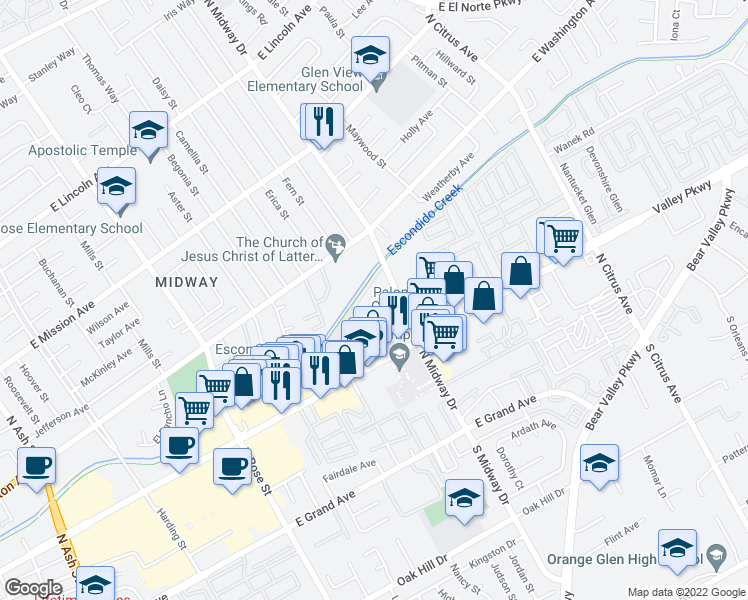 map of restaurants, bars, coffee shops, grocery stores, and more near 475 North Midway Drive in Escondido