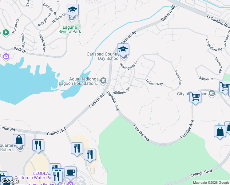 map of restaurants, bars, coffee shops, grocery stores, and more near 1416 Faraday Avenue in Carlsbad