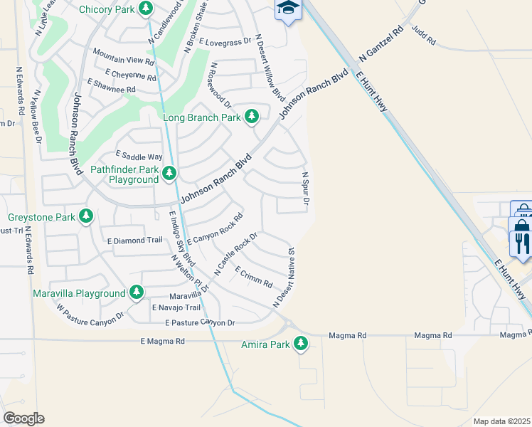 map of restaurants, bars, coffee shops, grocery stores, and more near 28652 North Rainfall Drive in Queen Creek