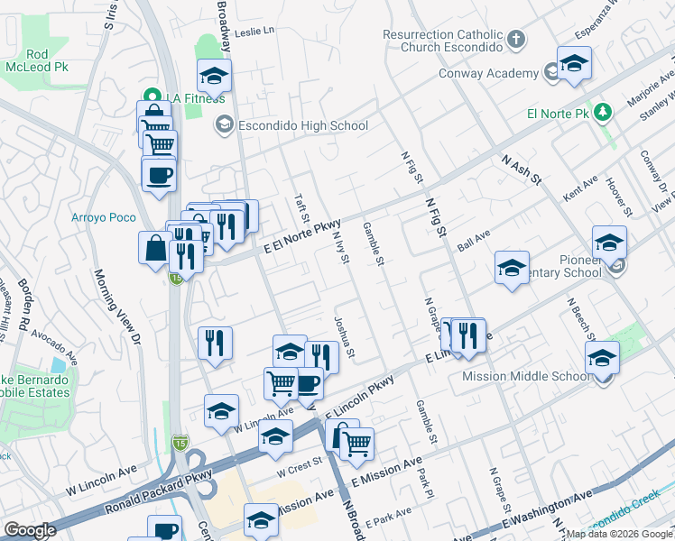 map of restaurants, bars, coffee shops, grocery stores, and more near 329 Alder Place in Escondido