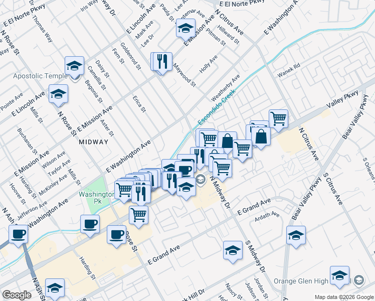 map of restaurants, bars, coffee shops, grocery stores, and more near 475 North Midway Drive in Escondido