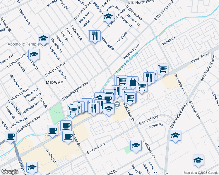 map of restaurants, bars, coffee shops, grocery stores, and more near 475 North Midway Drive in Escondido