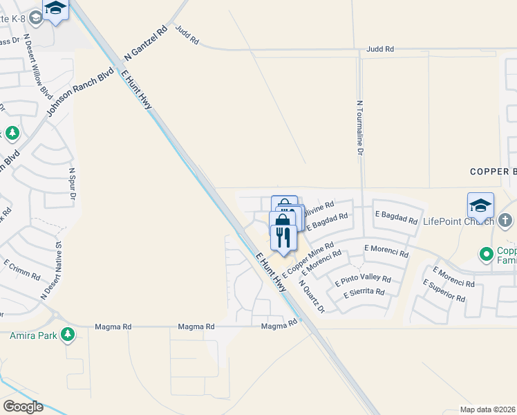 map of restaurants, bars, coffee shops, grocery stores, and more near 2376 East Olivine Road in San Tan Valley