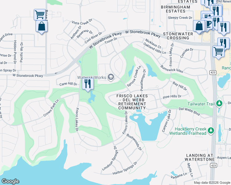 map of restaurants, bars, coffee shops, grocery stores, and more near 7135 Maumee Valley Court in Frisco