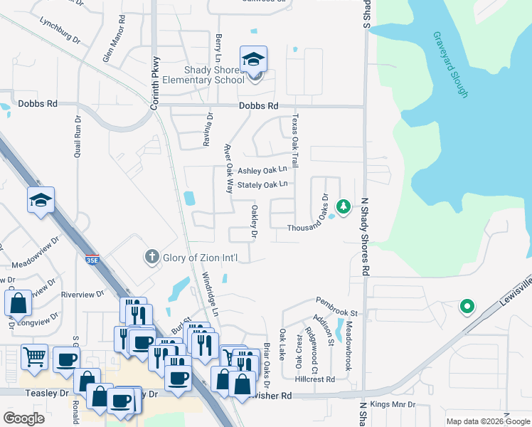 map of restaurants, bars, coffee shops, grocery stores, and more near 731 Black Walnut Drive in Lake Dallas