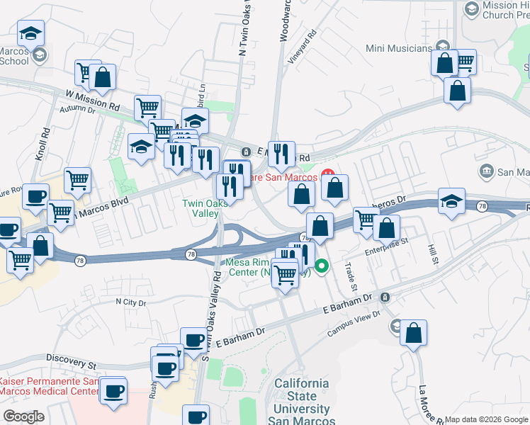 map of restaurants, bars, coffee shops, grocery stores, and more near 90 Civic Center Dr in San Marcos