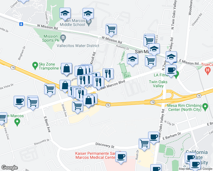 map of restaurants, bars, coffee shops, grocery stores, and more near 200 Travelers Way in San Marcos