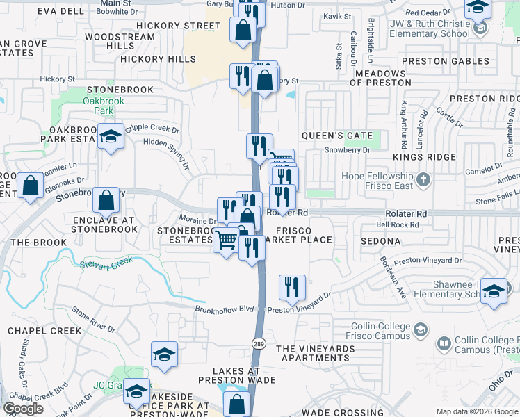 map of restaurants, bars, coffee shops, grocery stores, and more near 7238 Preston Road in Frisco