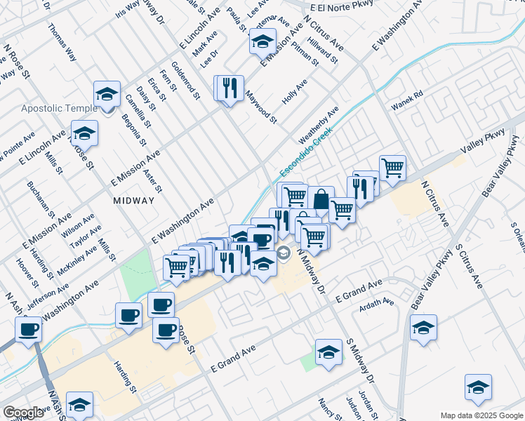 map of restaurants, bars, coffee shops, grocery stores, and more near 475 North Midway Drive in Escondido