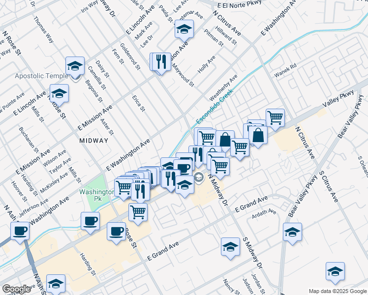 map of restaurants, bars, coffee shops, grocery stores, and more near 475 North Midway Drive in Escondido