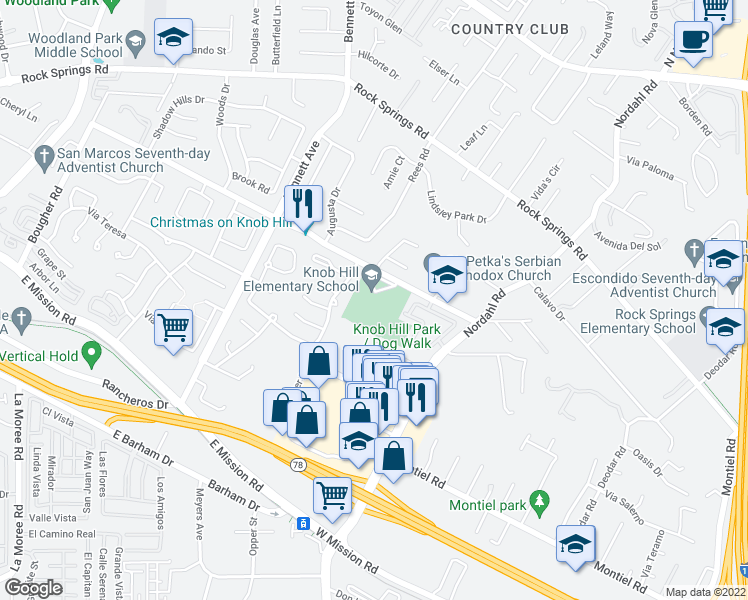 map of restaurants, bars, coffee shops, grocery stores, and more near 1825 Knob Hill Road in San Marcos