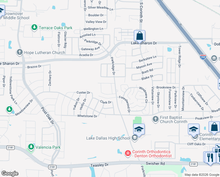 map of restaurants, bars, coffee shops, grocery stores, and more near 2710 Warwick Drive in Corinth
