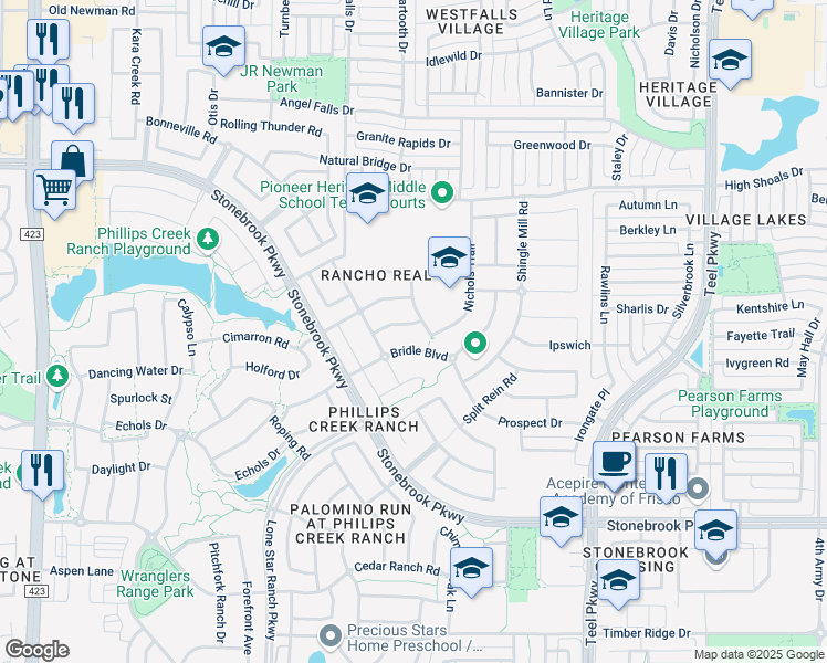 map of restaurants, bars, coffee shops, grocery stores, and more near 1785 Campbell Court in Frisco