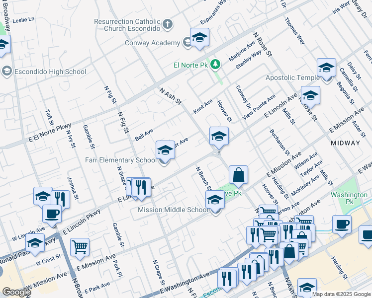 map of restaurants, bars, coffee shops, grocery stores, and more near 1033 North Ash Street in Escondido