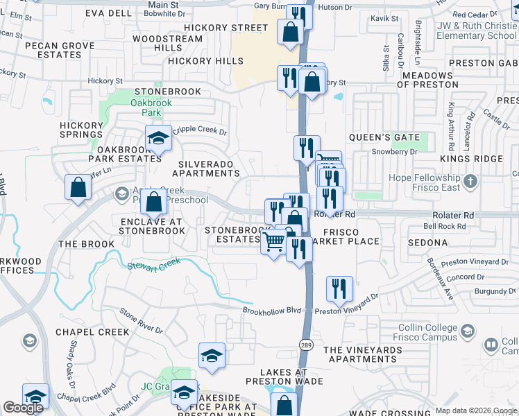 map of restaurants, bars, coffee shops, grocery stores, and more near 8700 Stonebrook Parkway in Frisco